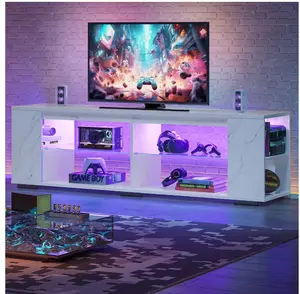 Marble TV Stand for TVs up to 80", LED Gaming Entertainment Center with Side Bookshelf and 4 Open Shelves, Marble White