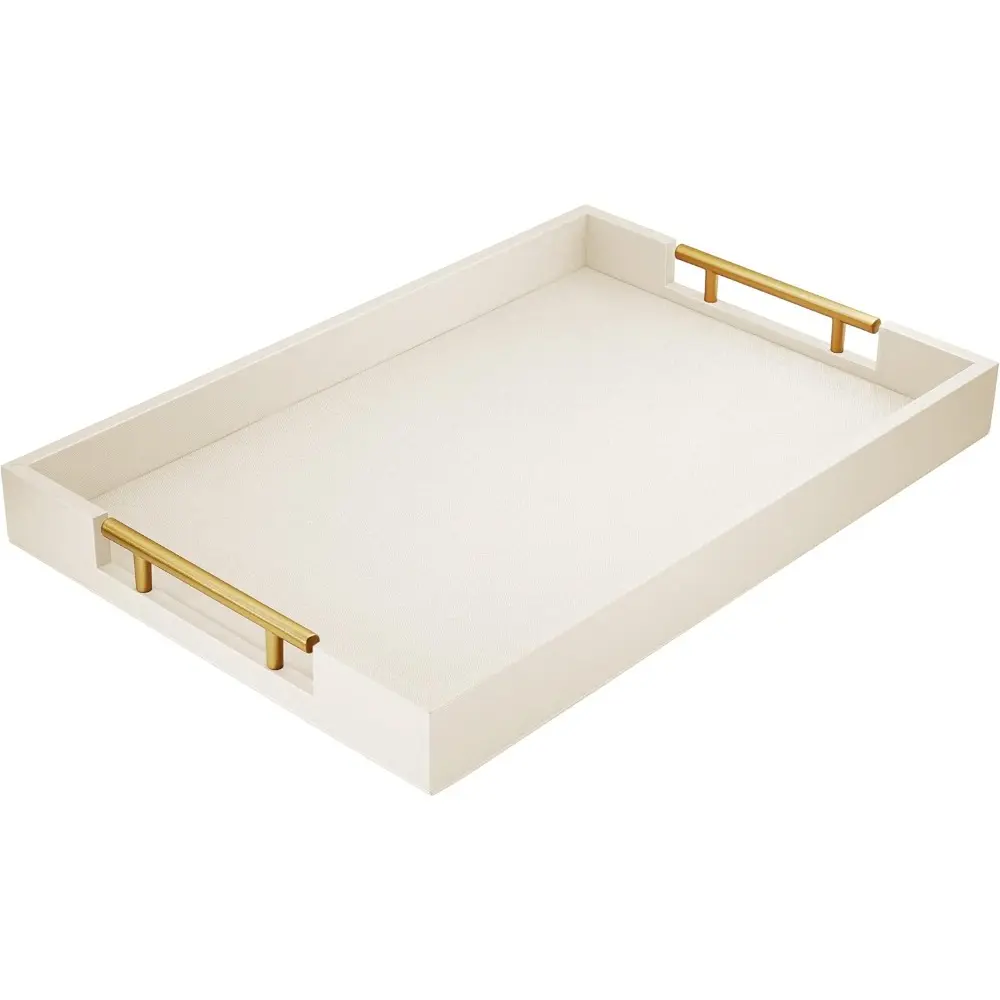 17"x12" Classic White Wood Serving Tray with Gold-Polished Metal Handles - Kitchen Tableware Decorative Platter, Home Ottoman Vanity Tray for Gifting Occasions