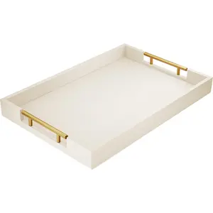 17" x 12" Wood Serving Tray with Gold Polished Metal Handles, Home Decorative Wooden Rectangle Ottoman Leather Decor Platter Bathroom Vanity Tray for All Occasions White