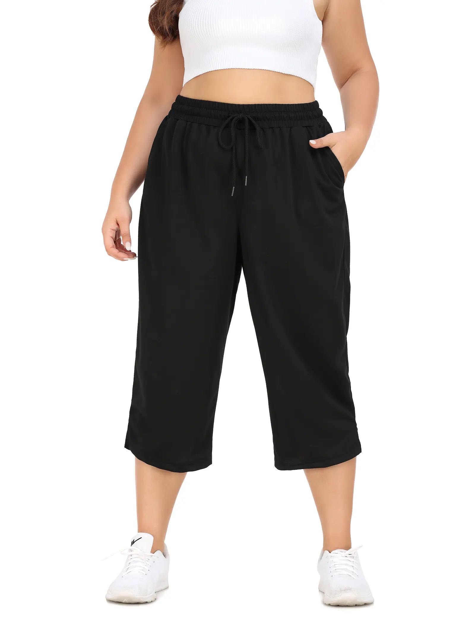 COOTRY Women's Plus Size Soft Capri Pants - Comfortable Wide Leg Jersey Loungewear with an Elastic Drawstring and Pockets for Casual Workout, Lightweight, Sweatpant, Crop, Polyester, Day, Basic, Athletic, Side Pockets, Pajama, Bottom, Fit