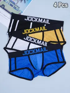 Men's Low Waist Boxer, Breathable Mesh Fabric Trunks, Quick-Dry Underwear, Fashion Colorblock Design Underpants, Comfortable Fit, Pack of 4, Stretchy Boxer Briefs