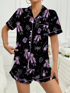 Girl Print Collared Shirt and Pajama Set, Two-Piece Women Sleepwear, Loungewear, Casual Fitted Halloween Style, All-Season Home Wear