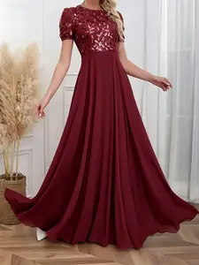Elegant Sequin Evening Gown, Round Neck Short Sleeve Waist-Cropped A-Line Dress, Bridal Bridesmaid Dress, Toasting Dress, Graceful Bridesmaid Skirt