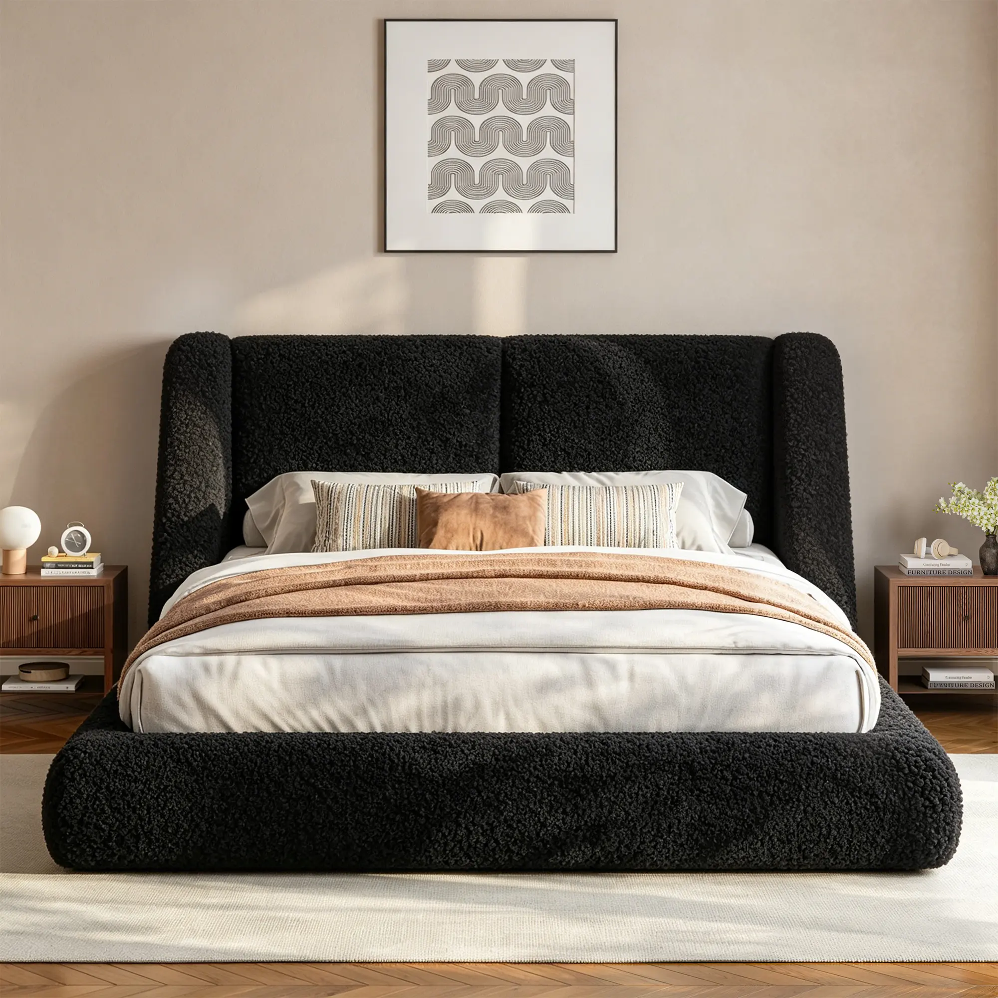 [15 Mins Assembly] Raybee Cloud Bed Frame with 5" Thick Ergonomic Wingback Headboard Soft Boucle Upholstered Low Profile Platform Bed, Bump-Resistant Rounded Corners, Anti-Slip Noise-Free, 880LBS Capacity for Bedroom, Dorms, Apartment, Beige, Black, Gray