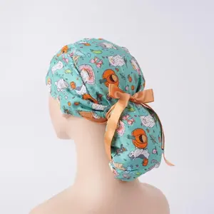 Cyan Cat Pumpkin Floral Printed Ponytail Scrub Caps for Long Hair, Stretch Surgical Scrub Hat with Forehead Sweatband, Adjustable Vet/Nursing Cap