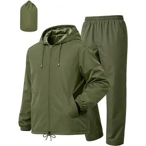 Mens Rain Suit Waterproof Rain Jacket with Rain Pants 2 Pieces Lightweight Packable Raincoat with Hood Running Cycling