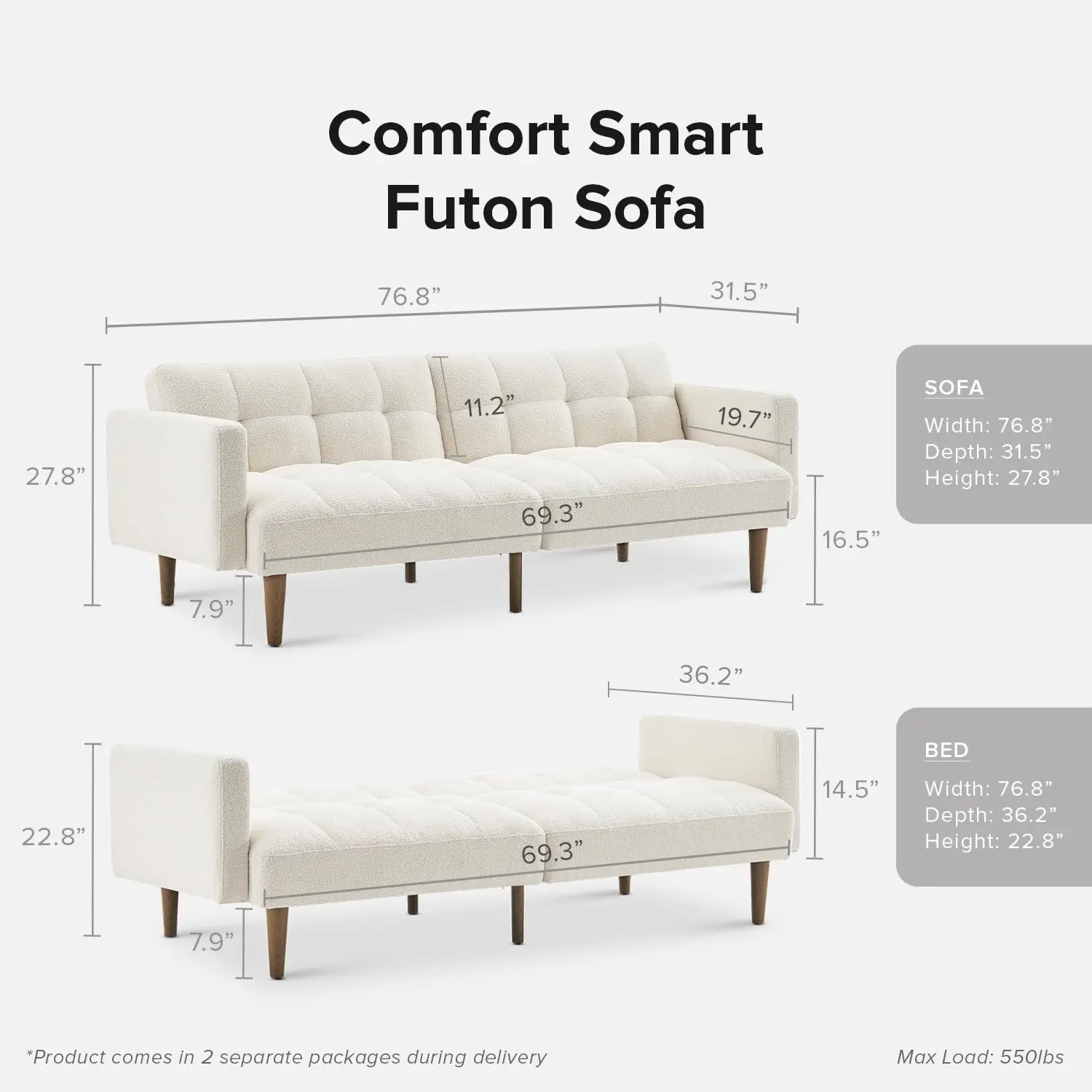 mopio Aaron 76.8" Couch, Small Futon Sofa Bed, Sleeper, Loveseat, Mid Century Modern Futon Couch, Sofa Cama, Couches for Living Room, Bedroom (Pearl White, Boucle)