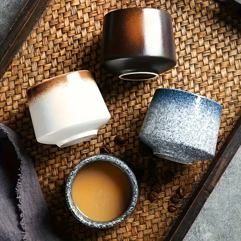 Ceramic Coffee Cup, 4 Counts Creative Coffee Mug, Drinking Tea Cup, Matcha Latte Cups, Stylish Drinkware for Home Kitchen Party Wedding, Coffee Mugs Set, Ceramic Matcha Set