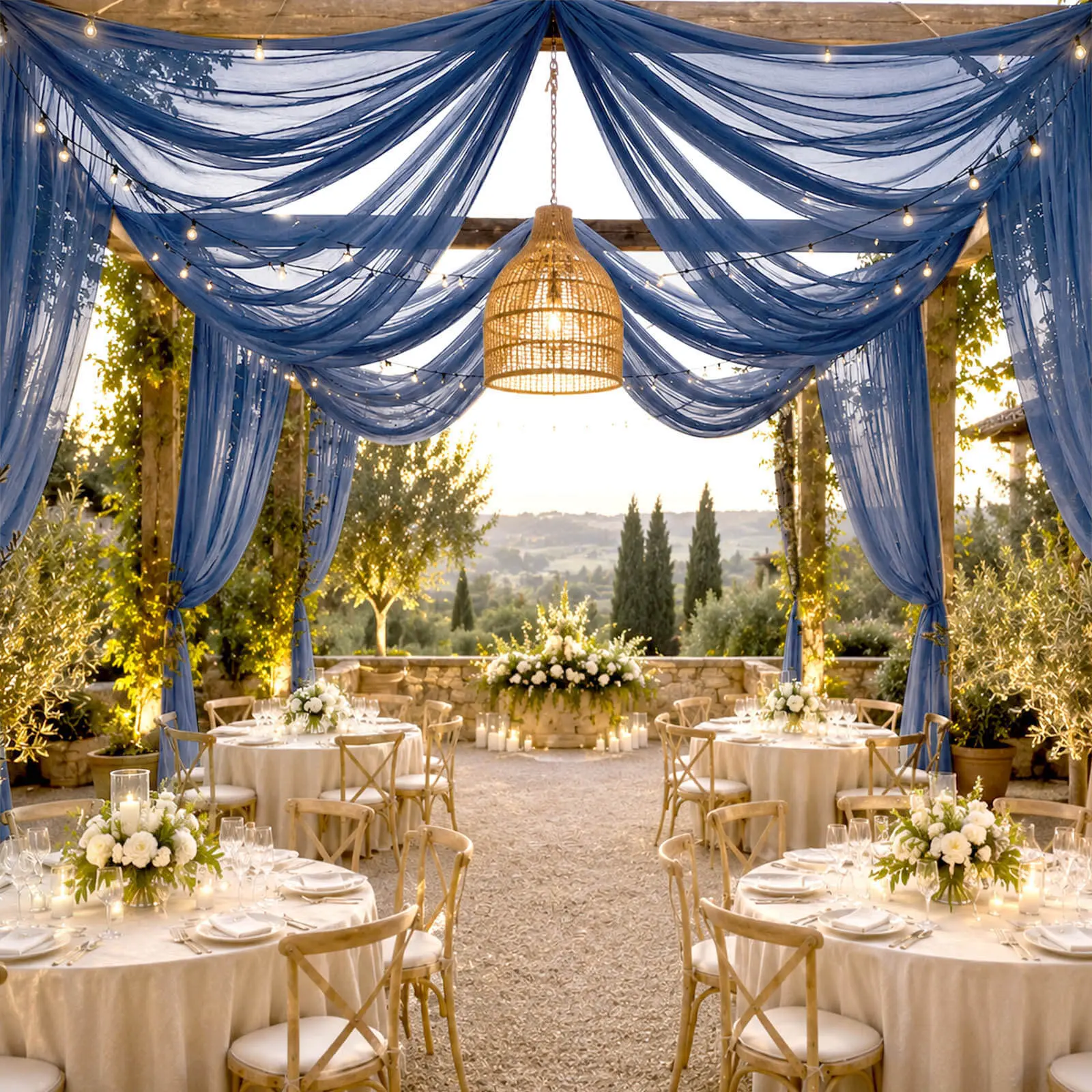 Machine-Washable Extra Long Hangable Sheer Navy Blue Decorative Full Length Ceiling Drape Single Panel - 10ft x 32ft Indoor Backdrop for Wedding, Birthday, Business Decor Supplies