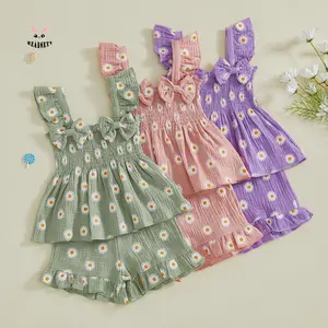 Toddler Girl Two Piece Outfit Daisy Print Ruffled Edges Tank Top with Elastic Waist Shorts Summer Set