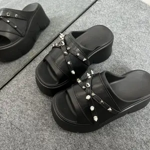 Punk Black Rivet Chunky High Heel Slippers Shoes 7cm Casual Women Summer Slippers Shoes 2025 New Fashion Lady Platform Sandals