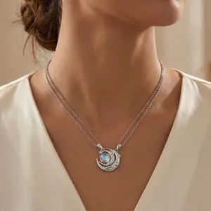 Gemstone Gold & Silver Sun and Moon Matching Set for Couples Stainless Steel Magnetic Necklace with 18-inch Changeable Chain Celestial Style