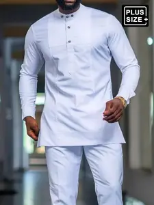 Plus Size Men's Casual Minimalist Dashiki Set, Special Collar, Long Sleeve, Elastic Waist Pants, African Style Outfit, Casual Shirt And Pants Set, Street Style, Date, Wedding, Cultural Events