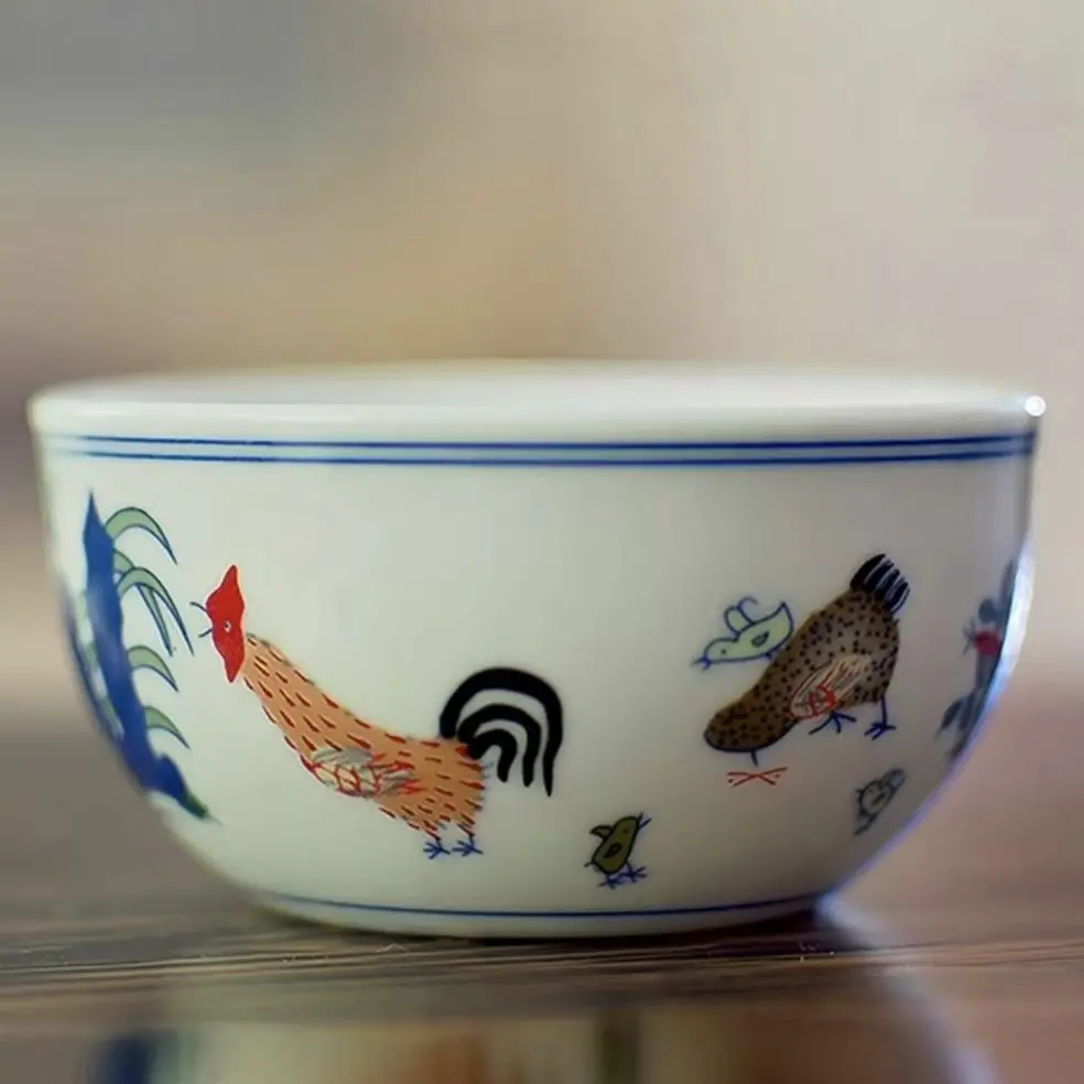 Chenghua Replica Ancient Clay Doucai Rooster Cup - Handcrafted Traditional Chinese Porcelain Teacup, Blue & White Feathered Birds Motif, 6.7cm/55ml Mini Gongfu Sip Tasting Cup, Ceramic Tea Ware Gift for Tea Lovers