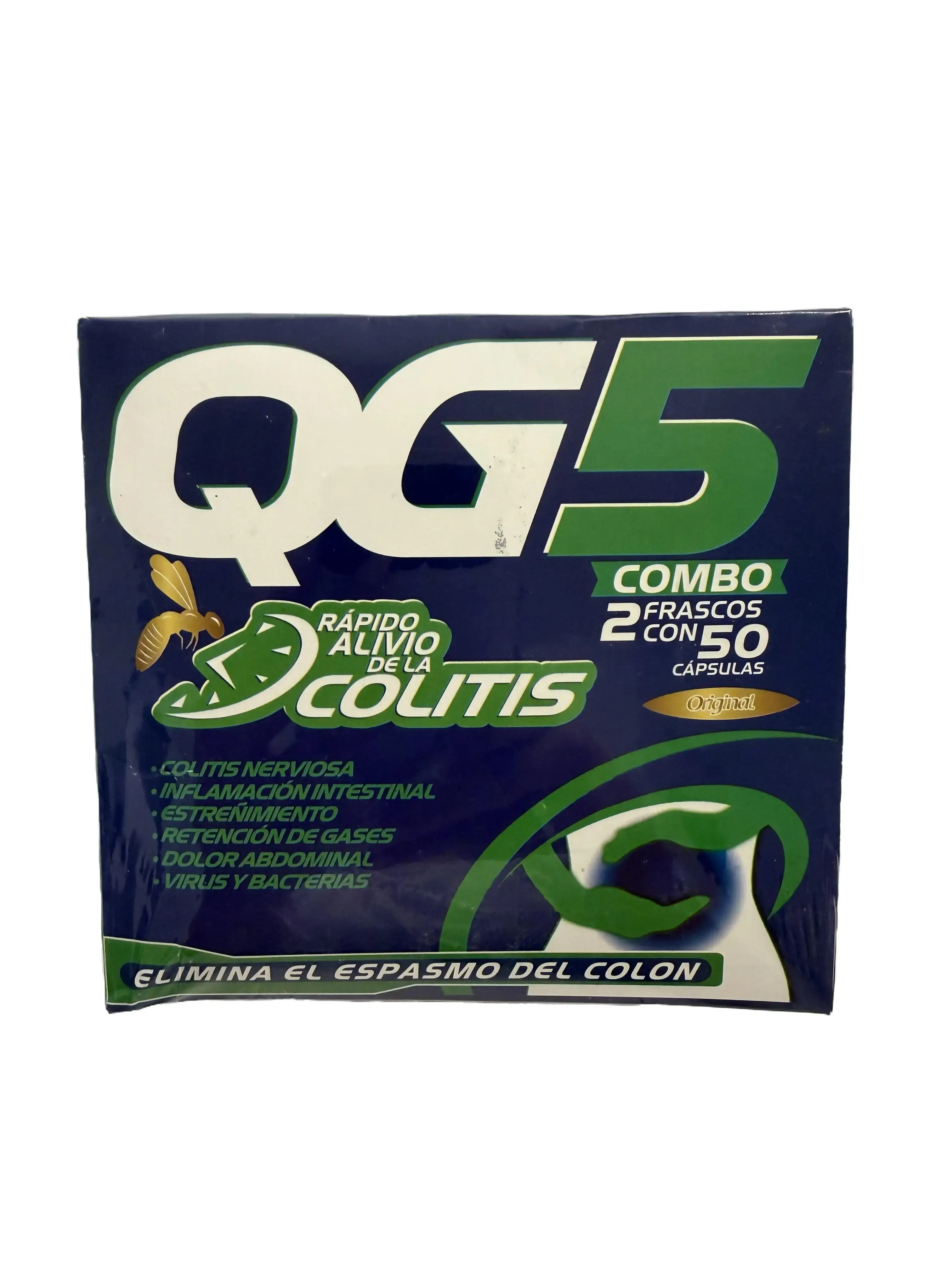 QG 5 Combo Edible Natural Vitamin Dietary Supplement - 2 Frascos (50 Capsules Each), Colon Spasm Relief, Healthcare Support