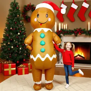 Cute Gingerbread Man Inflatable Costume, Youth Adult Size, Fits 155-190cm, Includes Fan & Battery Box, Perfect for Christmas Party