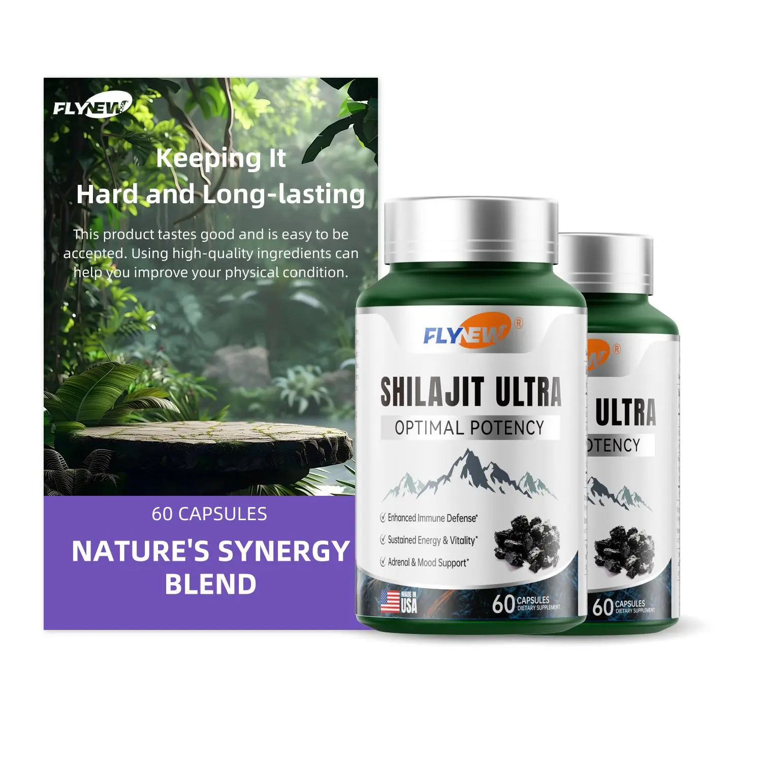 2 Bottles of FLYNEW Optimal Potency | Shilajit Ultra | Adaptogen Energy Stamina Immune Antioxidants | Made in USA | 120 Capsules
