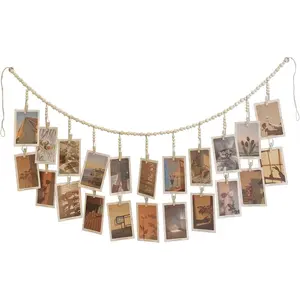 Hanging Photo Display with 22 Clips, Wooden Bead Garland, Boho Style Collage Photo Frame Decoration for Dorms, Classrooms, Bedrooms
