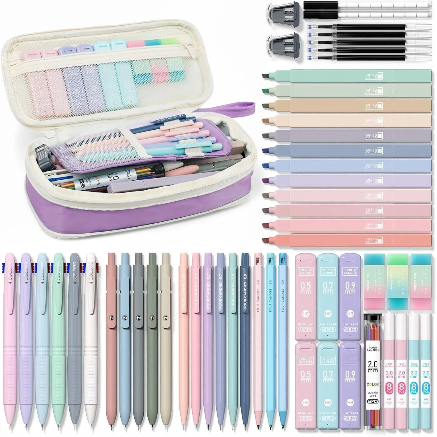 2025 School Year Preppy Aesthetic 56-Count College & Student Stationery Set with Purple Pencil Case, 6 Multicolor Pens, 12 Highlighters (Pastel), 5 Black Ink Gel Pens, 9 0.5mm Mechanical Pencils, 18 Eraser Refills, 3 Jelly Erasers, 2 Sharpeners, Back To S