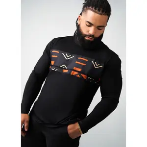 Ore Men's African Print Long Sleeve T-shirt (Black/Natural Mudcloth)