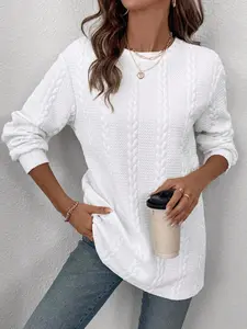 Women's Plain Cable Knit Crew Neck Pullover Sweater, Casual Long Sleeve Jumper for Fall & Winter, Fashion Ladies' Knit Clothing for Daily Wear, Tops, Hoodie, Sweatshirts