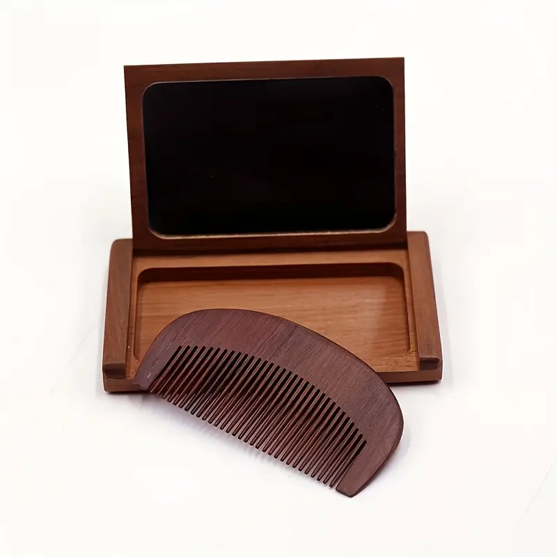 Vintage Wooden Solid Color Portable Comb and Mirror Set - Multifunctional Foldable Design, Travel Makeup Accessory, Hair Styling and Scalp Care Tool, Compact, Travel Use