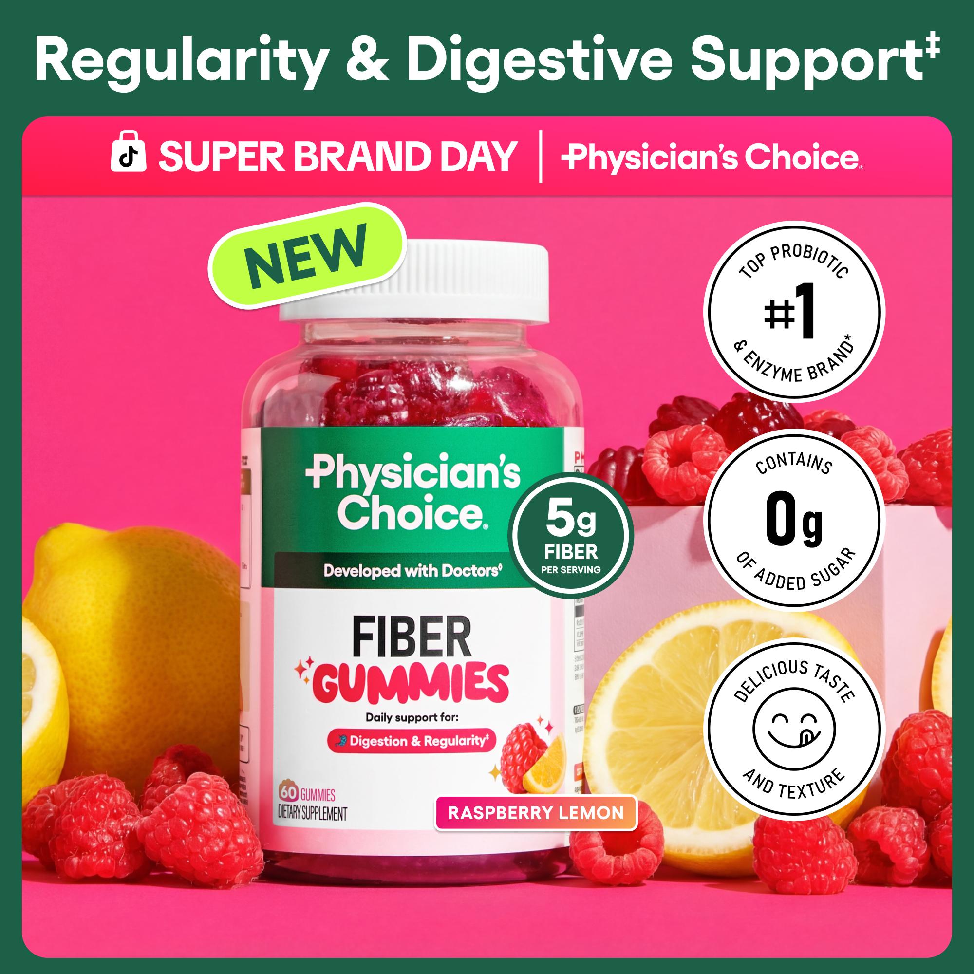 Physician’s Choice Fiber Gummies for Digestive Health & Regularity - HSA/FSA Eligible - No Sugar Added & Vegan - Daily Gummy for Adults