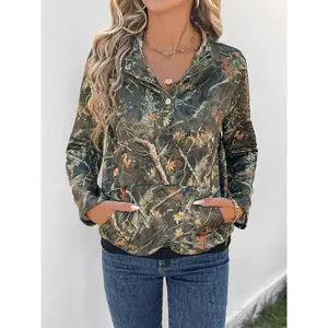 2025 Autumn New Casual Daily Camouflage Maple Leaf Floral Print Pullover Sweatshirt for Women