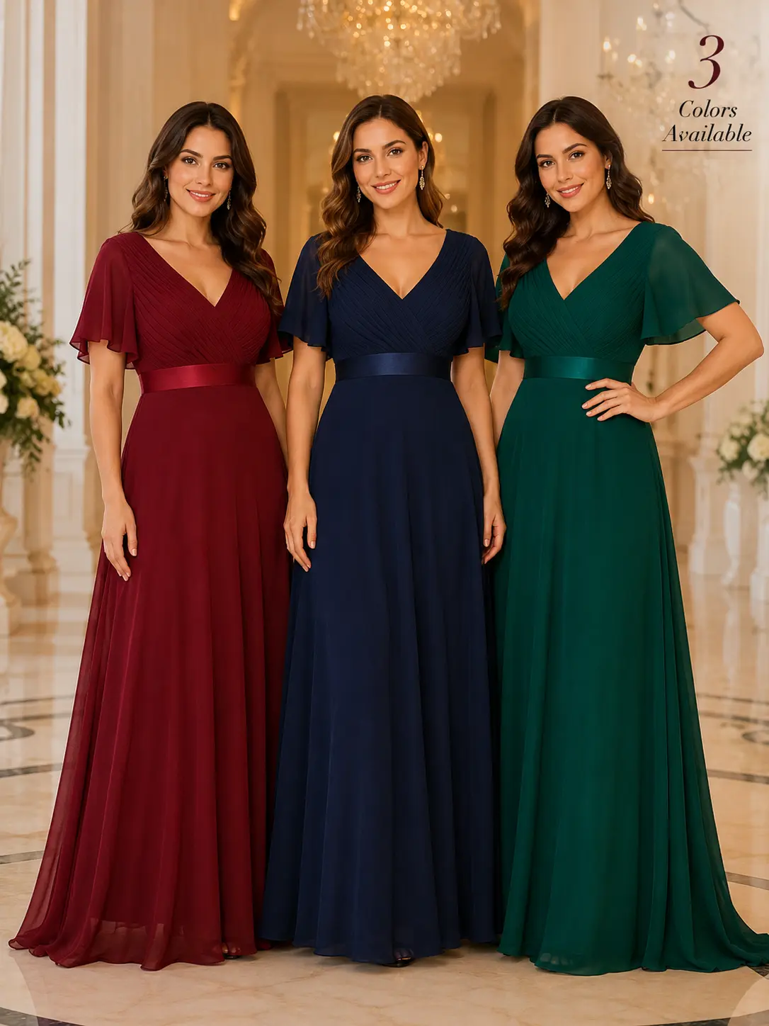 Women's Elegant Plain Chiffon A-Line Formal Floor-Length Evening Dress - Plus Size (XL), Double V-Neck, Bell Sleeves, Pleated Hem, Basic Elastic 1-Piece for Bridesmaid Party