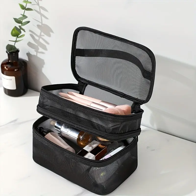 Lightweight Double Layer Makeup Bag - Durable Polyester, Zipper Travel Toiletry Organizer, Black Cosmetic Organizer