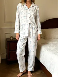 Women's Cute Blue Bow Print Floral White Pajama 2 piece Set Soft Long Sleeve Sleepwear  Loungewear PJ Womenswear Pyjamas Valentines Gift PJ Party Bridal Pajamas for Bridesmaid Wedding Morning Galentine‘s pajamas for Mother's Day fall winter home wear