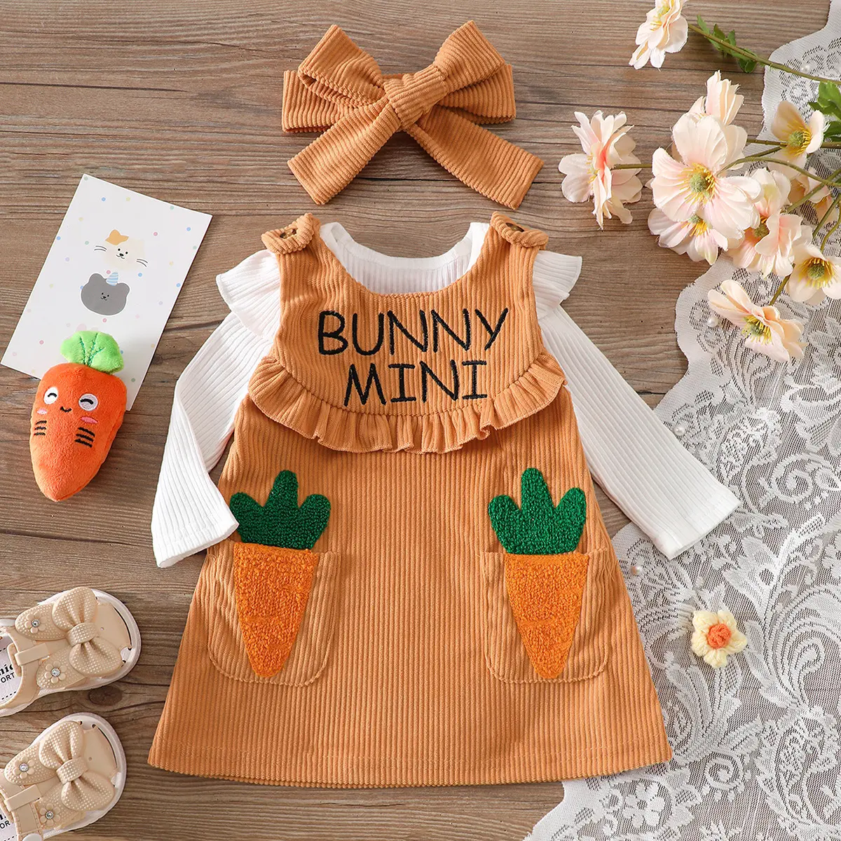 Easter Baby Girl Clothes "Bunny Mini" Carrot Embroidered Corduroy Holiday Dress, Ribbed Bodysuit + Matching Headband 3Pcs Easter Outfit C461
