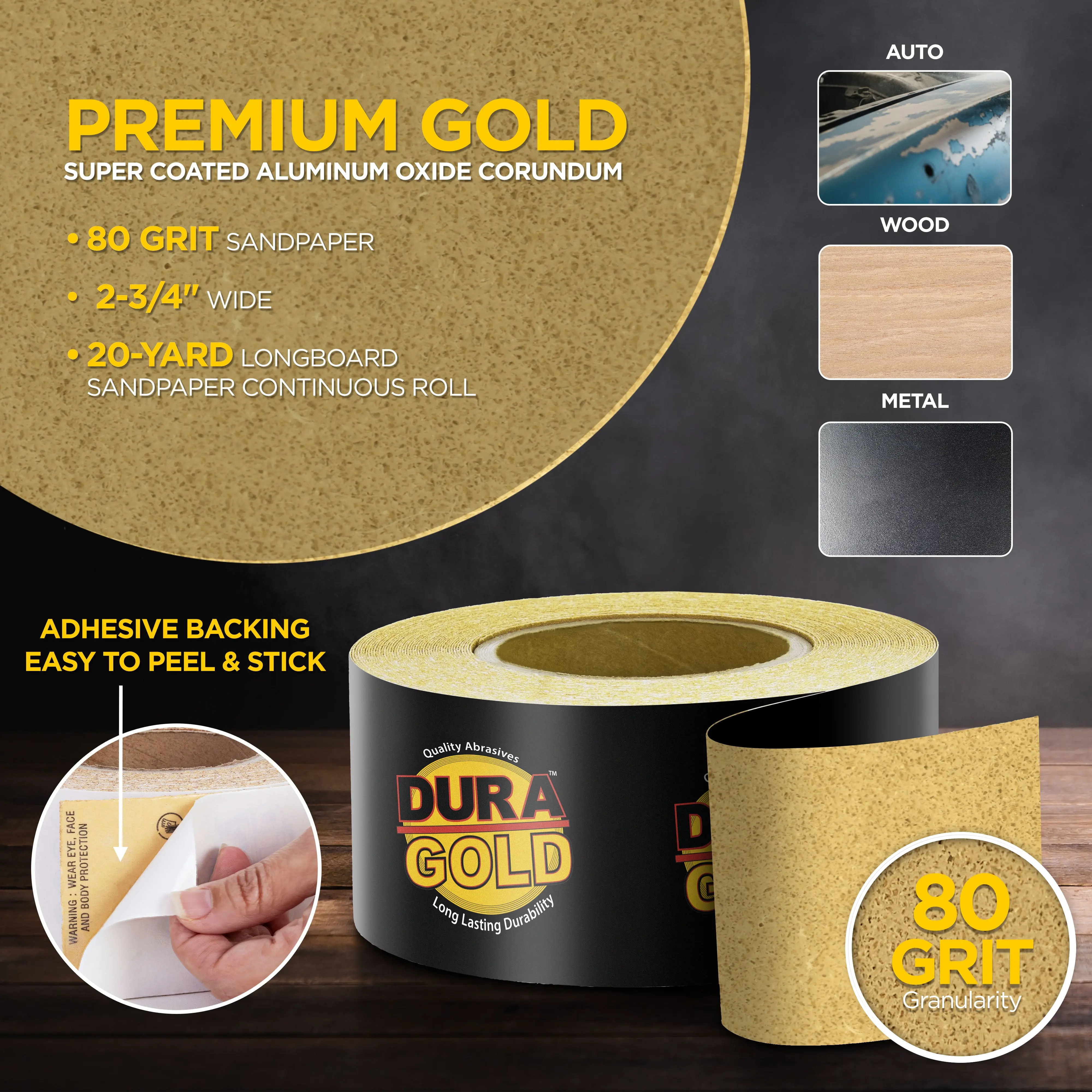 80 Grit Gold - Longboard Continuous Roll PSA Stickyback Self Adhesive Sandpaper 20 Yards Long by 2-3/4" Wide