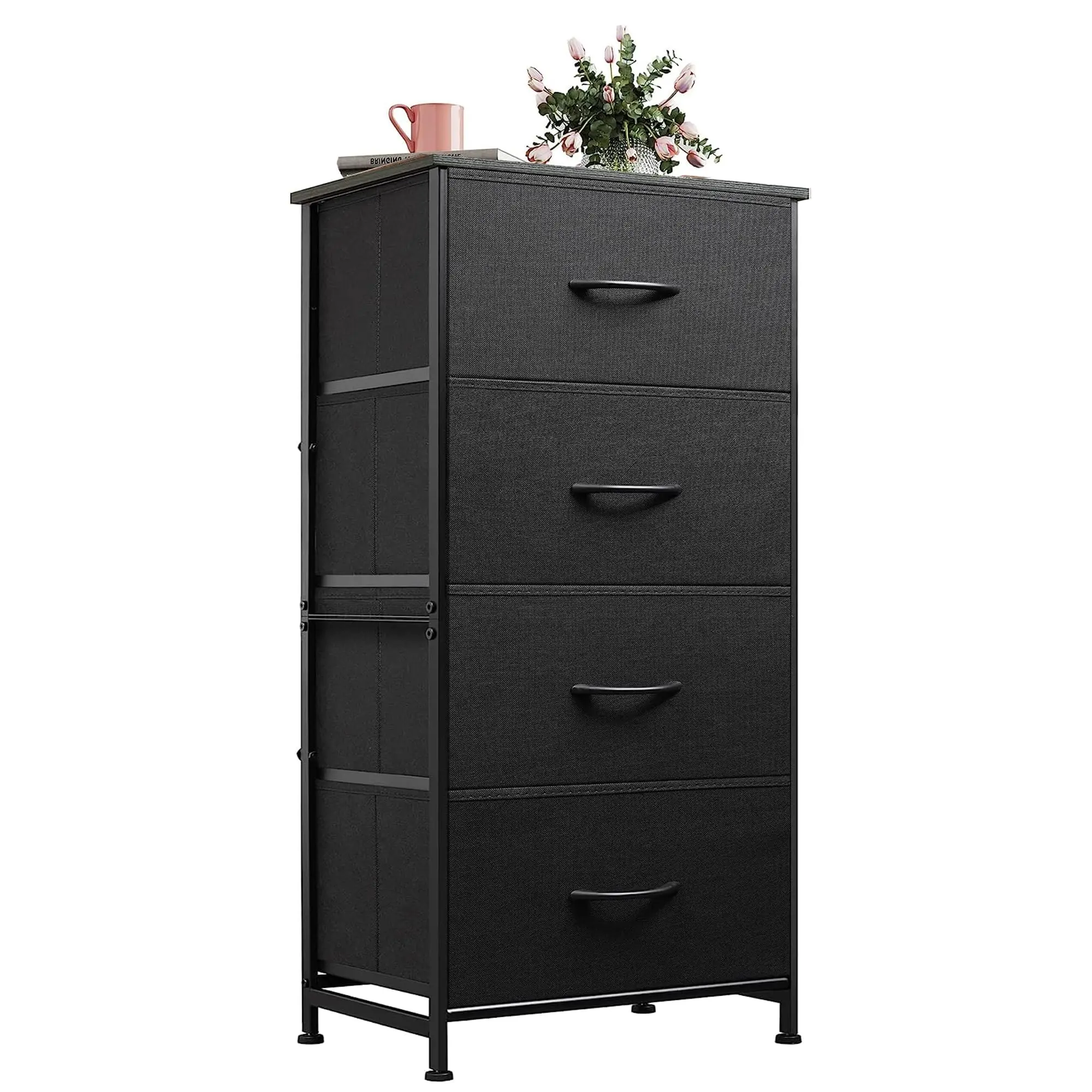 Dresser with 4 Drawers, Fabric Storage Tower, Organizer Unit for Bedroom, Hallway, Entryway, Closets, Sturdy Steel Frame, Wood Top, Easy Pull Handle, Charcoal Black
