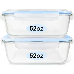 Glass  Storage Containers Set, Large Size Containers with ,  Locking ,  Leak Proof Glass Meal Prep Containers, Freezer to Oven Safe (2 Pack of 52oz)