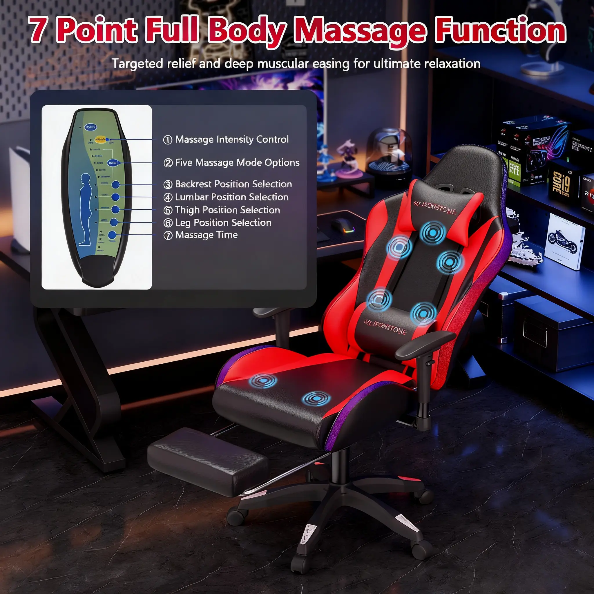 Red(LED Lights+ Speakers+7-Points Massage