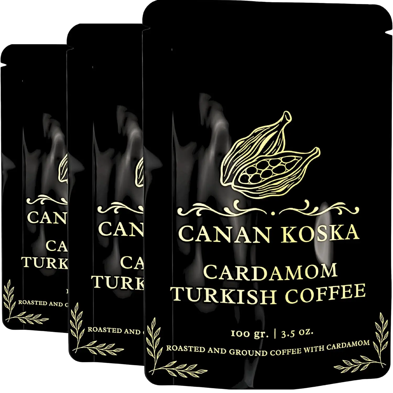 Canan Koska Certified Organic Sugar Free Cardamom Flavored Ground Coffee - Arabica Beans, Premium Medium Roast, Traditional Ottoman Recipe, Rich Elegant Spicy Aroma, Airtight Resealable Pouch, 24 Months Shelf Life, 3.5oz(100g) Pack of 3, Home Use, 3.5 Oz