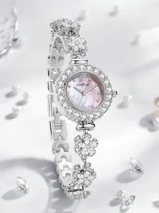 Women's Quartz Watch with Rotating Cherry Blossom Strap, Elegant Alloy Case, Small Analog Dial, Silver Color, All Seasons Wear