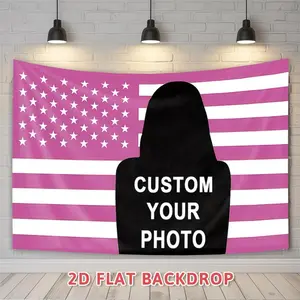 2D Flat, 2D Flat Banner, 1pc Custom Photo & Name Text Backdrop with Pink American Flag Design, Star Pattern, Red/White/Blue Photo Background for Wedding, Birthday, Indoor Decor. Durable Polyester, Easy-Install, 90.5x70.8inch Polyester Banner., 2D