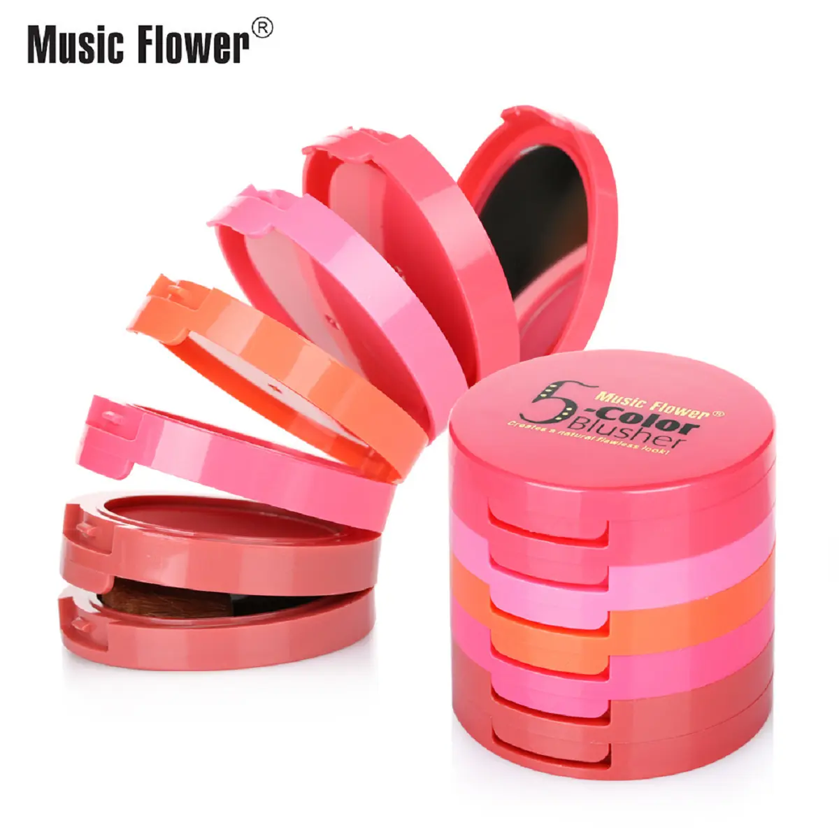Music Flower 5 Colors Face Blusher Palette Waterproof Matte Long Lasting Lightweight Blush Powder Pink Coral Blushing Pallet with Brush Mirror Women Makeup Gift Set Kit