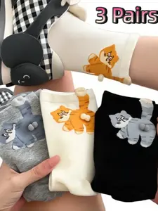3 pairs of women's mid-calf socks featuring quirky and playful cat designs, adorable cartoon patterns, soft and comfortable, perfect for casual wear Sock Set