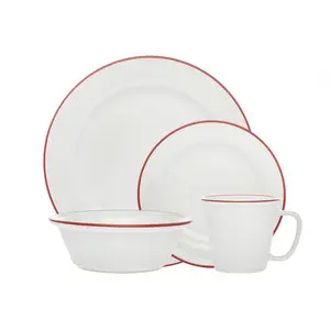 212 MAIN 16-Piece Red Bistro Band Porcelain Tableware Set - Godinger 70413 Dining Plates, Dinnerware Service, Porcelain Dishes (1x1x1 in.), Dinnerware Service Set
