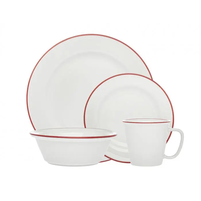 212 MAIN 16-Piece Red Bistro Band Porcelain Tableware Set - Godinger 70413 Dining Plates, Dinnerware Service, Porcelain Dishes (1x1x1 in.), Dinnerware Service Set