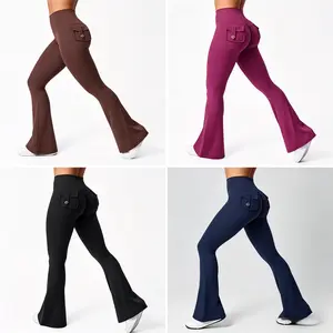 QQ Y2K High Waisted Flare Leggings with Back Pockets - Tummy Control, Ruched Butt Lifting, Stretchy High-Elastic Yoga Pants for Women, 4 Colors Available，Plus Size Friendly
