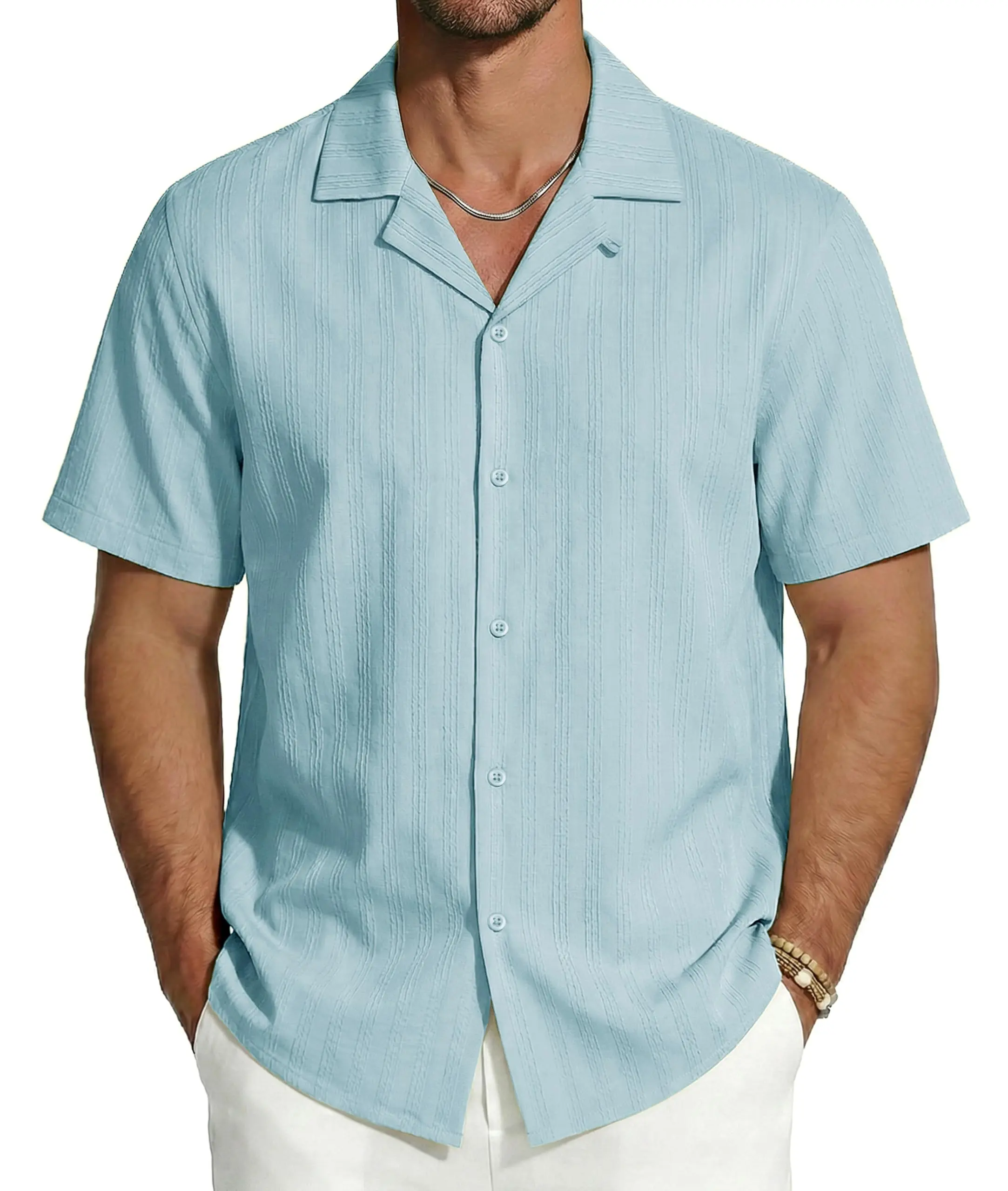 MAGCOMSEN Men's Cuban Collar Shirts Beach Casual Button Down Shirts Short Sleeve Summer Dress Shirt Vacation Solid Shirt