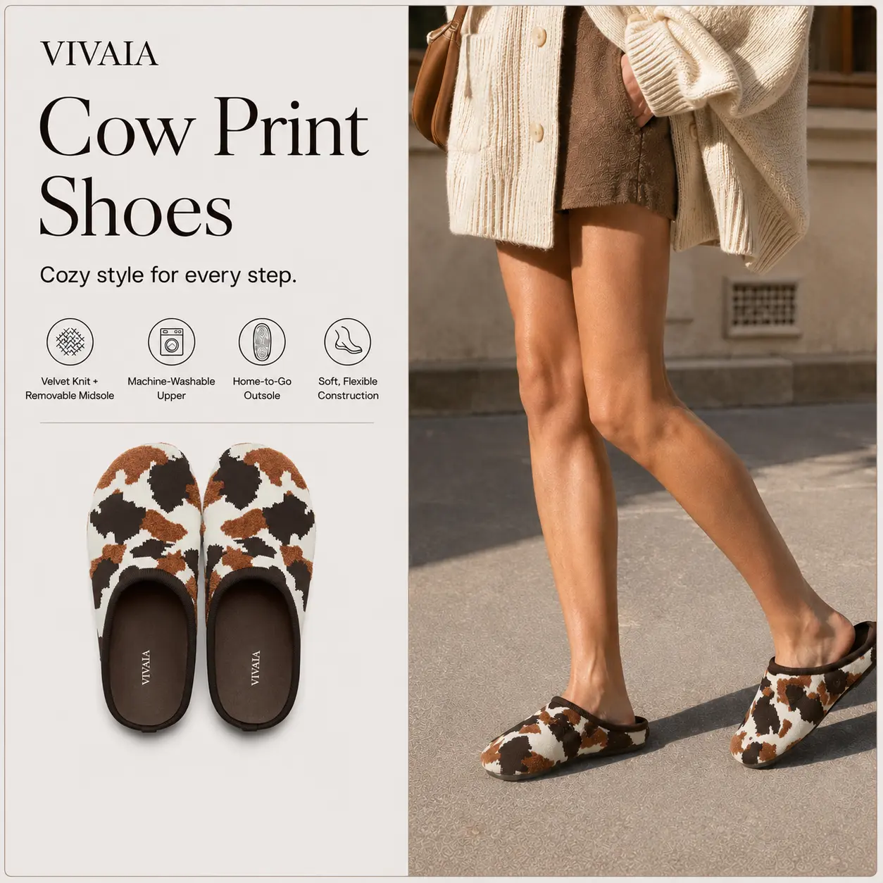 VIVAIA Women’s Cow Print Slip-On Mules, Arch Support, Round-Toe Machine-Washable Velvet Knit Flats with Removable Cushioned Insole for Home-to-Go, Fall Shoes and Winter Shoes, Slip-On Clog, Comfortable Slippers, Back to School (Buna)