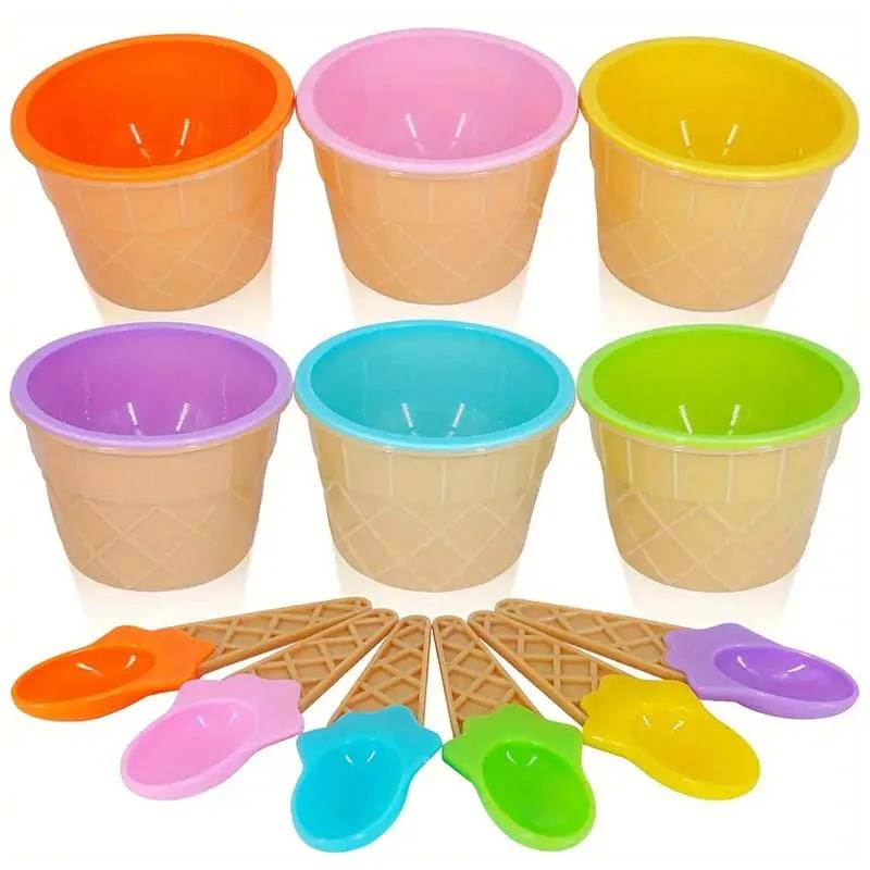 6 Sets Ice Cream Bowl and Spoon Plastic Reusable Ice Cream Bowl Cartoon Egg Cone Children Fruit Dessert Bowl Kitchen Accessories NONE