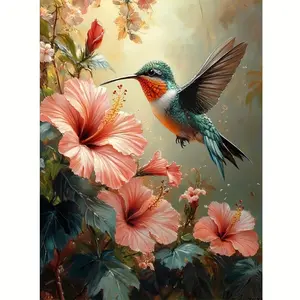 1 piece, [Hummingbird and Flowers], 5D diamond painting, frameless, includes tool kit. All-natural round diamond painting, diamond art embroidery kit, suitable for home decoration, handmade relaxing gift.