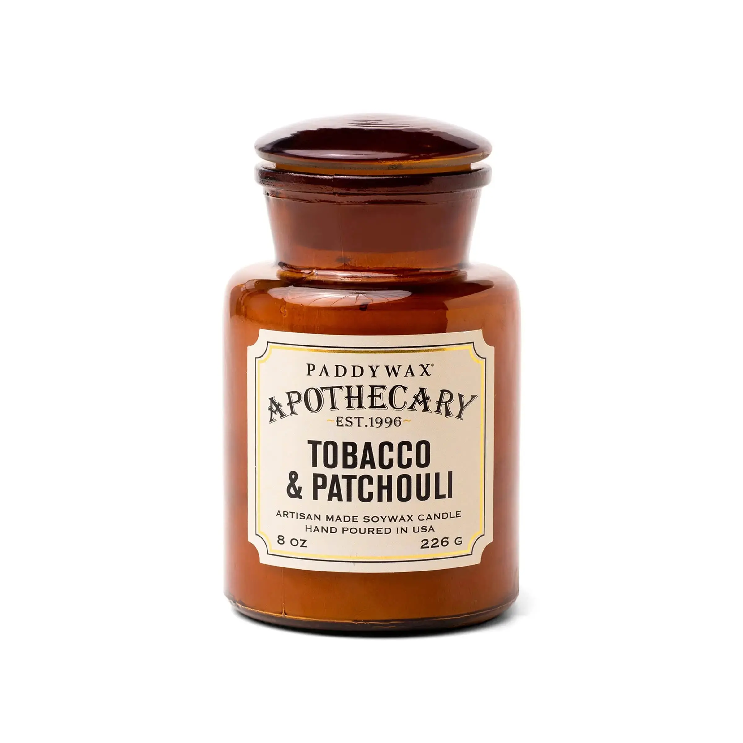Apothecary 8 oz Glass Candle, Tobacco-Patchouli Fragrance, Creamy Scent, Home Decor Accent