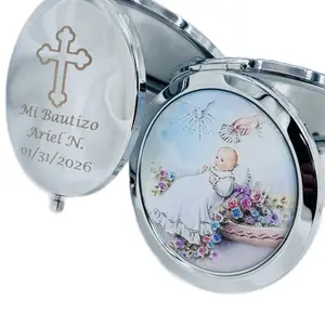 12pcs Personalized Baptism Compact Mirror with Engraved Cross Design and Baby Scene, Recuerdos Para Bautizo